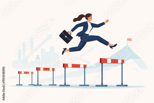 Businesswoman jumping over hurdles towards a mountain peak flag. Concept of overcoming obstacles, career success, determination, professional growth, and reaching business goals. Vector illustration.