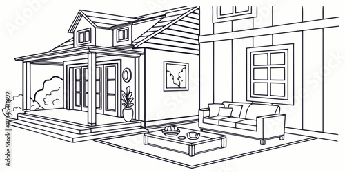 A charming house with a cozy living room and a beautiful garden view