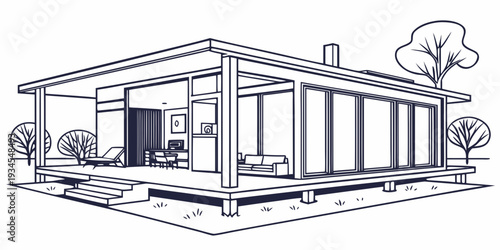 A minimalist modern house with large windows and a surrounding patio area