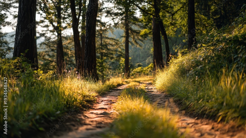Fototapeta premium Serene Nature Trail Surrounded by Lush Green Trees, Sunlight Filtering Through Leaves, Peaceful Pathway in Forested Landscape