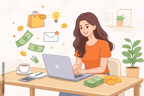 Happy young woman working on laptop at desk with money, shopping bag, and lightbulb icons. Concept of remote work, online business owner, freelancer, e-commerce, digital marketing, and success.