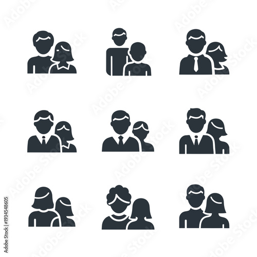 Relationship Icon set: An array of elegant icons presents diverse relationships, ideal for visualizing social connections and interpersonal dynamics.