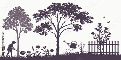 Silhouette of trees and a fence in a serene park setting at dusk