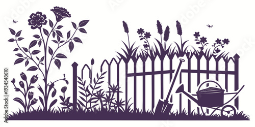 A serene garden scene with a wooden fence and a variety of plants and flowers.
