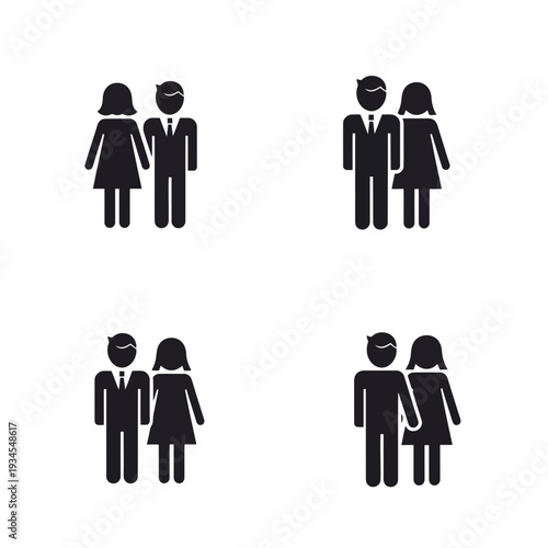 Symbolic Union: A set of stylized silhouette icons depicts couples in various poses, representing companionship and relationship.
