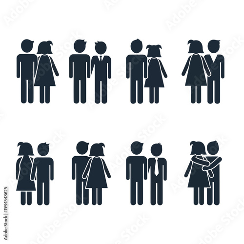 Love's Embrace: An array of stylized couple figures, representing various expressions of affection and togetherness, symbolizing unity, partnership, and affection.