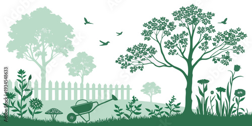 A serene landscape with trees, birds, and a wooden fence in the foreground