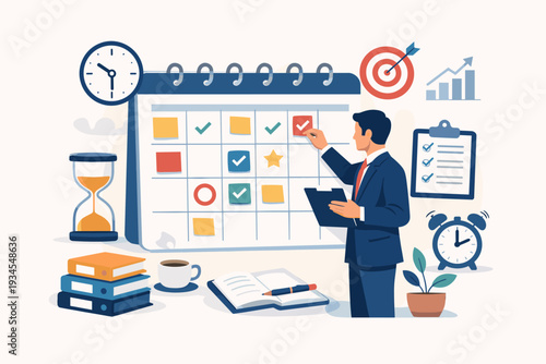Businessman Managing Work Schedule and Deadlines on Large Calendar for Effective Time Management, Productivity, and Goal Achievement Concept with Clock, Hourglass, and Checklist Vector Illustration