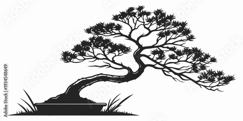 A majestic black and white illustration of a lone tree standing on a grassy hill