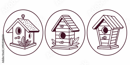 Three distinct birdhouse designs illustrated in a simple black and white sketch