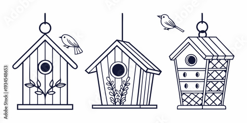 Three distinct birdhouses illustrated with intricate details and visiting birds
