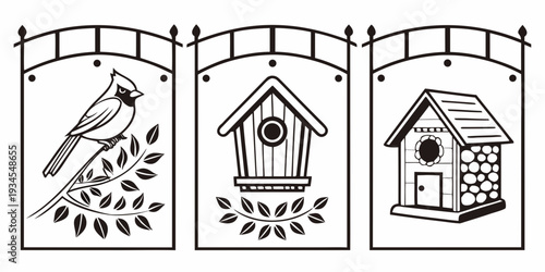 Three distinct birdhouses with unique designs and a bird perched on one