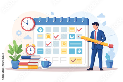 Businessman managing schedule on a large calendar with a giant pencil, representing time management, productivity, planning, and meeting deadlines in a professional office environment illustration.