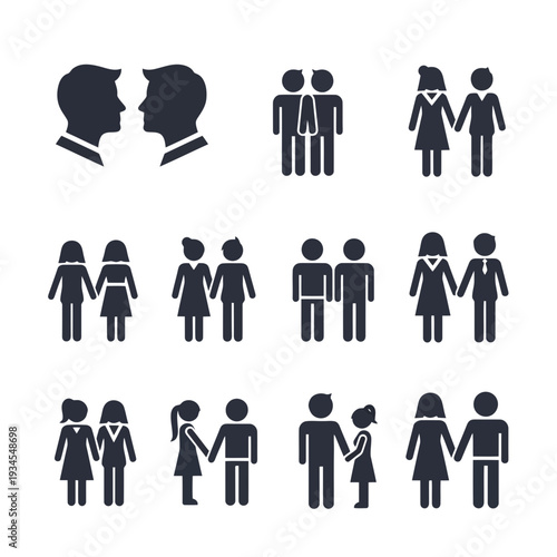 Symbols of Unity and Connection: A collection of simple, stylized illustrations capturing the essence of human bonds, partnerships, and affection, showcasing diversity in relationships.