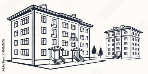 A detailed sketch of a residential apartment building with surrounding structures.