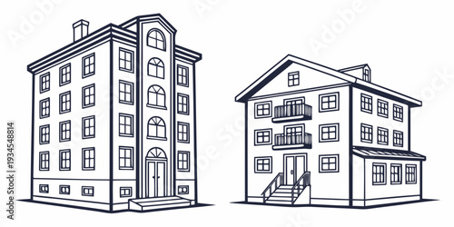 Two distinct architectural styles of residential buildings illustrated in black and white