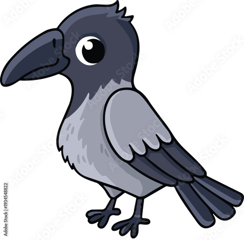 Cartoon hooded crow illustration, cute jackdaw bird character with grey body and black head, isolated vector corvid mascot on white background.