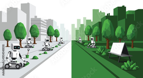 A diptych-style illustration shows a team of white robots on wheels actively planting trees, transforming a grey urban street into a vibrant green park with a modern city skyline in the background.