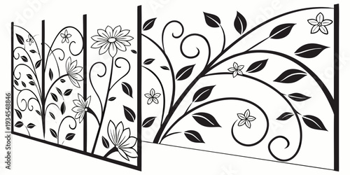 A series of four panels depicting intricate black and white floral designs