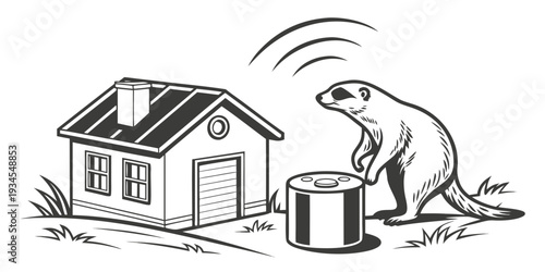 A beaver using a modern toilet outside a house with a satellite dish