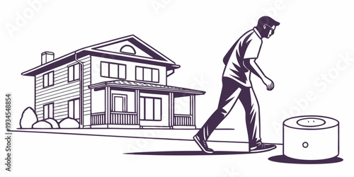 A man walking away from a house towards a trash can on a suburban street.