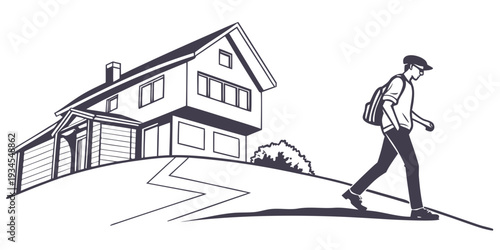 A man in a suit and hat walking up a driveway toward a modern house