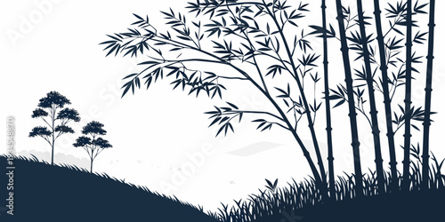 Silhouette of trees on a hill at dusk with a dark blue sky