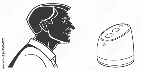 A man speaking to a smart speaker device on a table