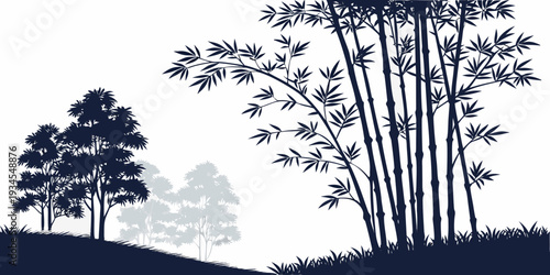 A serene landscape featuring a group of tall trees on a hillside.