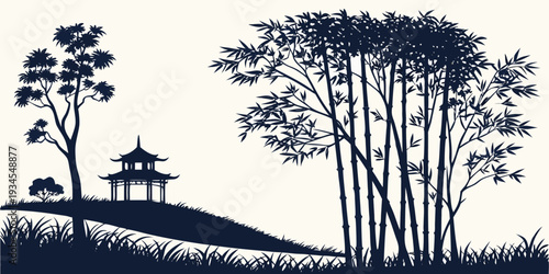 Silhouette of a traditional pagoda nestled among tall trees on a hillside