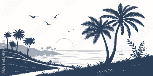 Silhouettes of palm trees and birds against a serene sunset sky