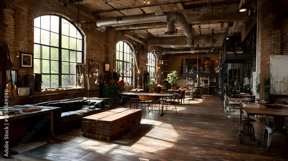 Fototapeta premium A spacious industrial loft with exposed brick walls, high ceilings, and adaptive reuse furniture. A mix of vintage pieces and modern metalwork. Large industrial windows, open floor plan, and a curated