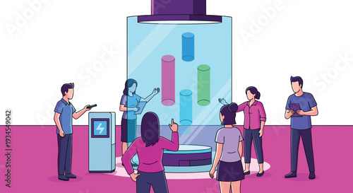 A team of six professionals in a modern office collaborates around a large cylindrical holographic interface displaying a 3D bar chart, illustrating data analysis and teamwork in a futuristic setting.