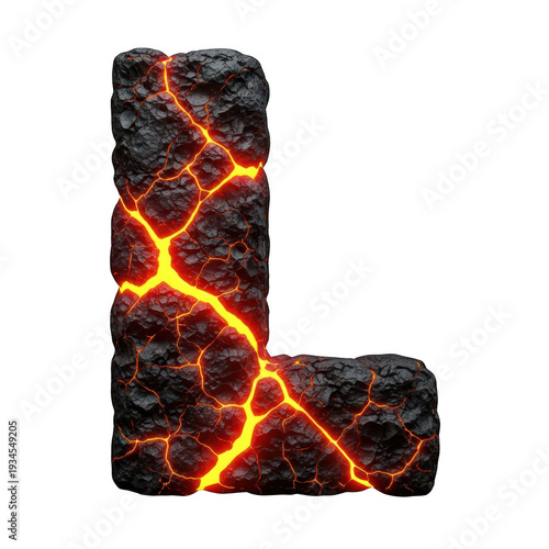 Glowing lava letter l on transparent background with cracks and molten effect