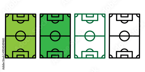 Four soccer field layouts top view green turf goal areas penalty boxes diagram