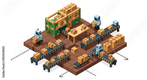 An isometric view of a futuristic warehouse where blue robots efficiently sort and move cardboard boxes along automated conveyor belts.