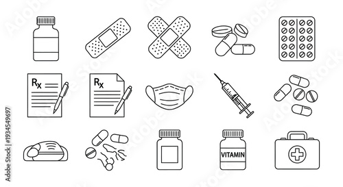Medical supplies and healthcare icons arranged in a simple line art style