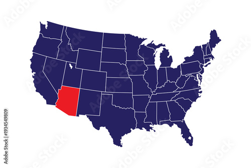 Detailed map of the United States highlighting the state of Arizona in red, indicating its geographical location within the American continent, useful for educational and informational purposes