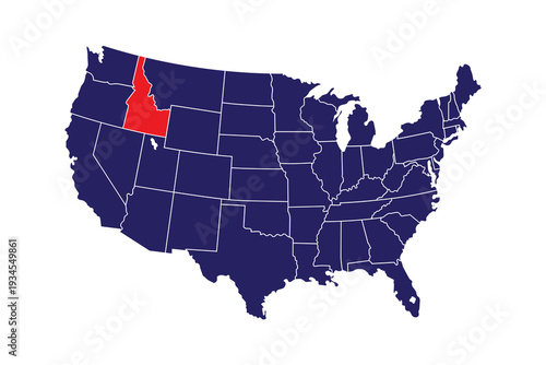 Map of the United States highlighting the state of Idaho in red and the rest of the country in blue, representing a political or statistical division