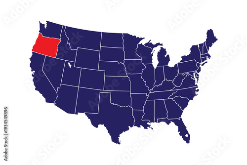 United States map highlighting the state of Oregon in red, with all other states in blue