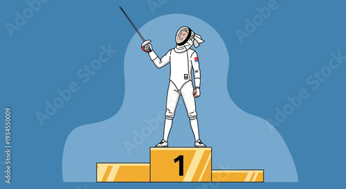 Fencer Celebrating Victory on Podium Sports Competition Champion