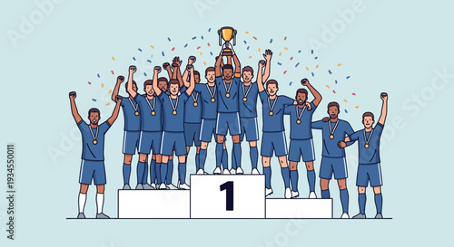 Winning Soccer Team Celebrates Victory with Trophy and Confetti on Podium