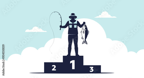 Successful Fisherman Stands Proudly on Podium with Caught Fish