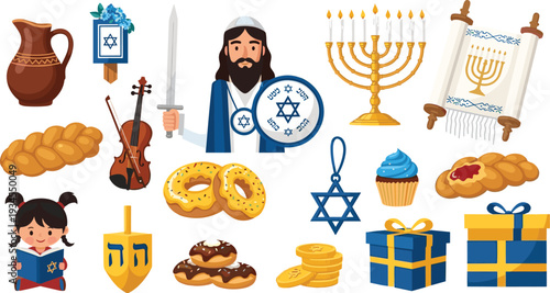 Hanukkah Jewish Holiday Collection with Menorah, Torah Scroll, Star of David, Dreidel, Sufganiyot and Traditional Symbols Cartoon Vector Set