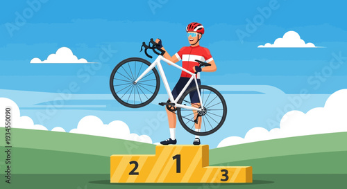 Cyclist Champion Standing on Podium with Bicycle Celebrating Victory Sports Competition Achievement