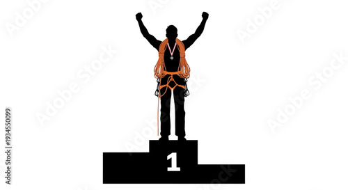 Silhouette of Climber with Medal on Podium Celebrating Victory and Achievement in Extreme Sports