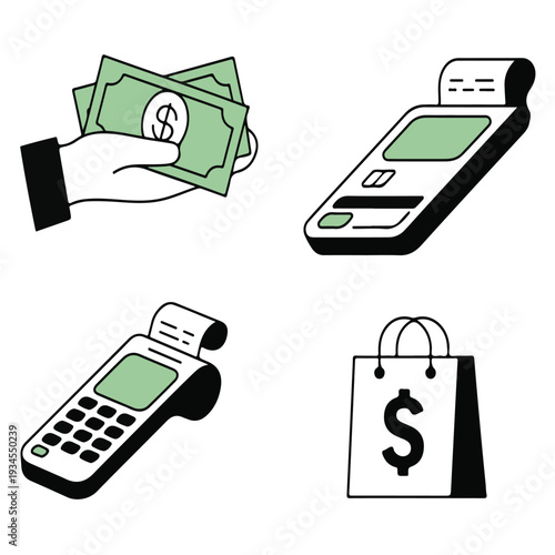Set of payment methods including hand holding cash pos terminal with receipt and shopping bag with dollar sign for finance and retail