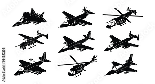 Black silhouettes of military aircraft radar systems and airport control tower