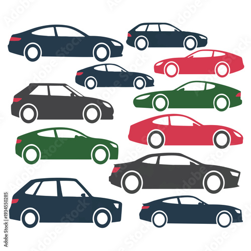 Set of various colored sports cars including sedans coupes and SUVs different styles and colors on transparent background for automotive design project