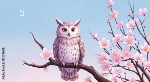 Wallpaper Mural Wise owl perches on a blossoming branch against a soft spring sky. Torontodigital.ca